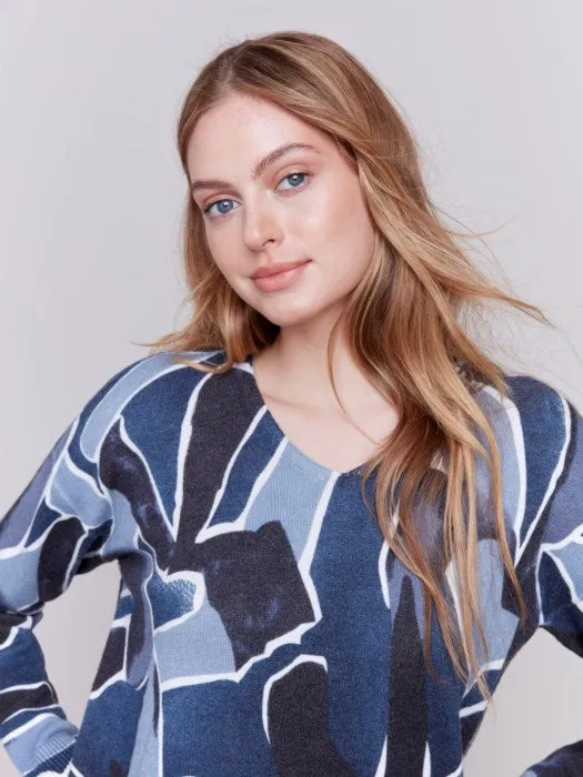 Printed Plush Knit V-Neck Sweater