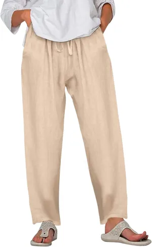 Summer Pants for Women Casual Drawstring Elastic High Waist Linen Pants Straight Wide Leg Cropped Trousers Plus Size