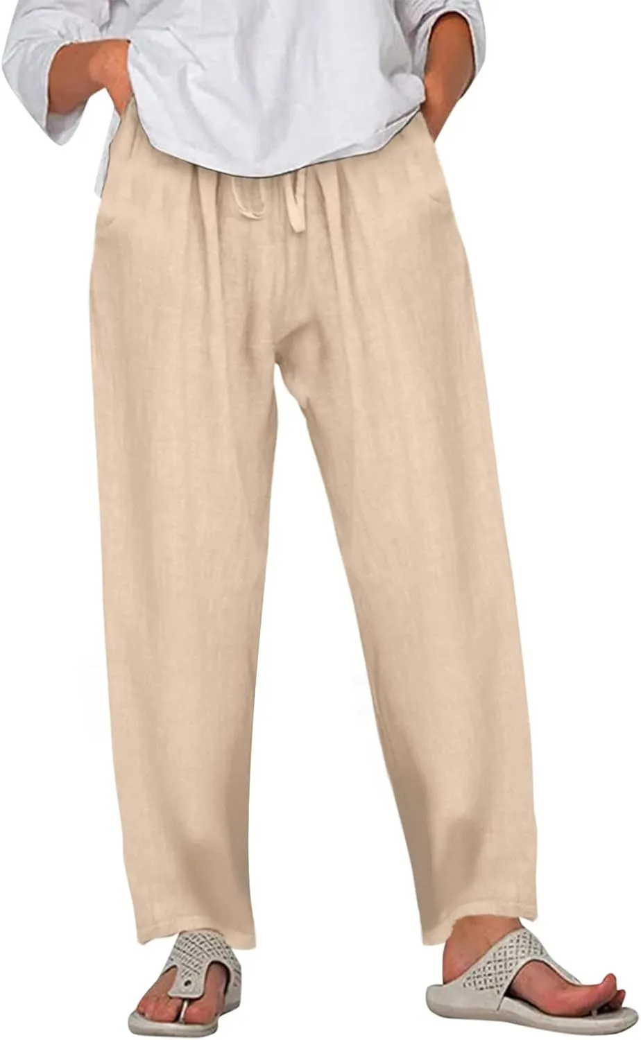 Summer Pants for Women Casual Drawstring Elastic High Waist Linen Pants Straight Wide Leg Cropped Trousers Plus Size
