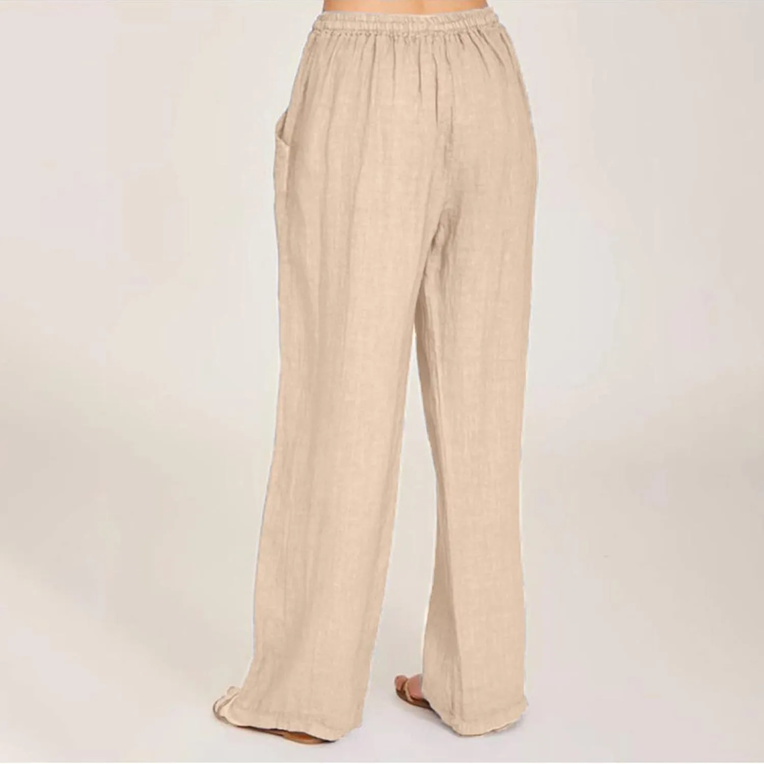 Summer Pants for Women Casual Drawstring Elastic High Waist Linen Pants Straight Wide Leg Cropped Trousers Plus Size