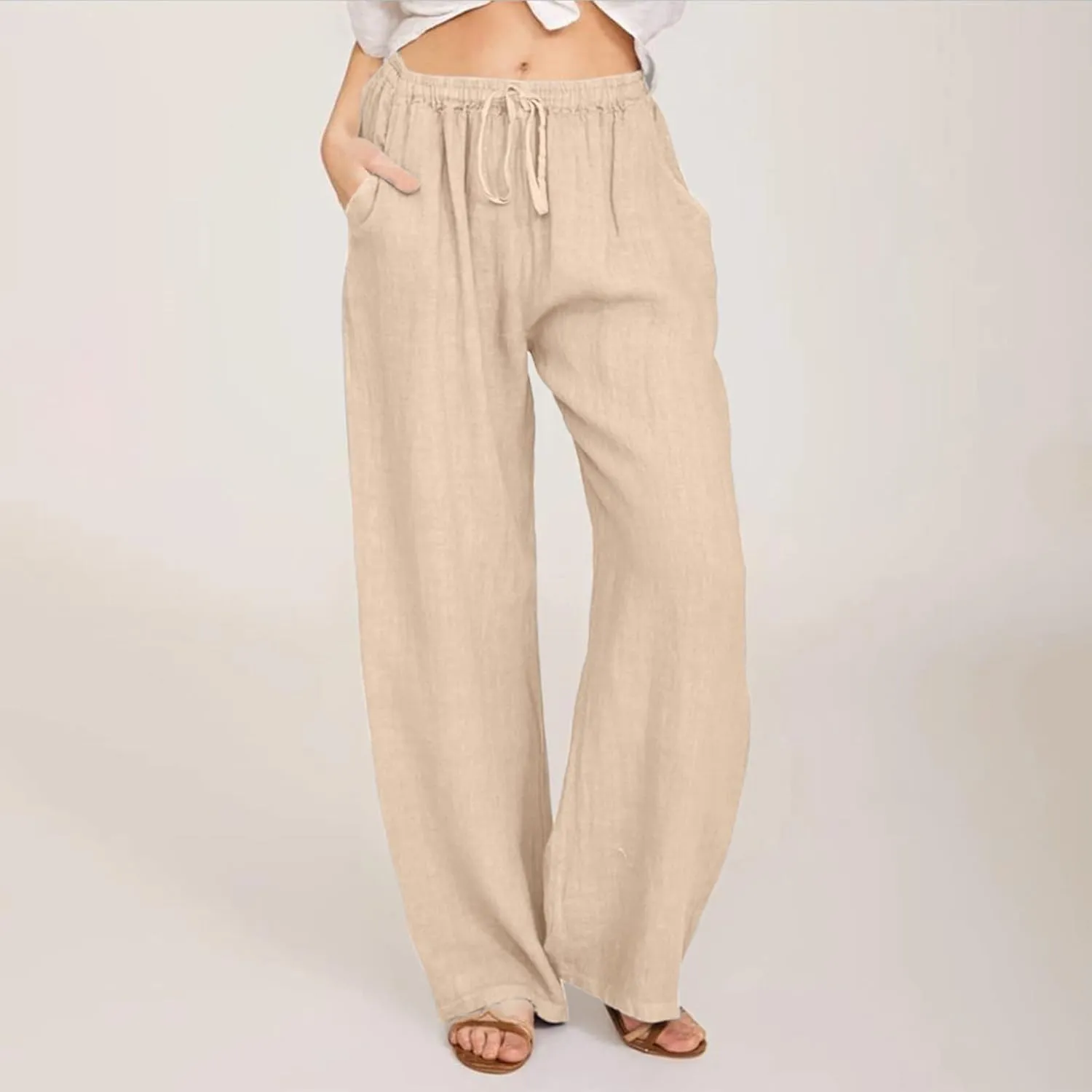 Summer Pants for Women Casual Drawstring Elastic High Waist Linen Pants Straight Wide Leg Cropped Trousers Plus Size