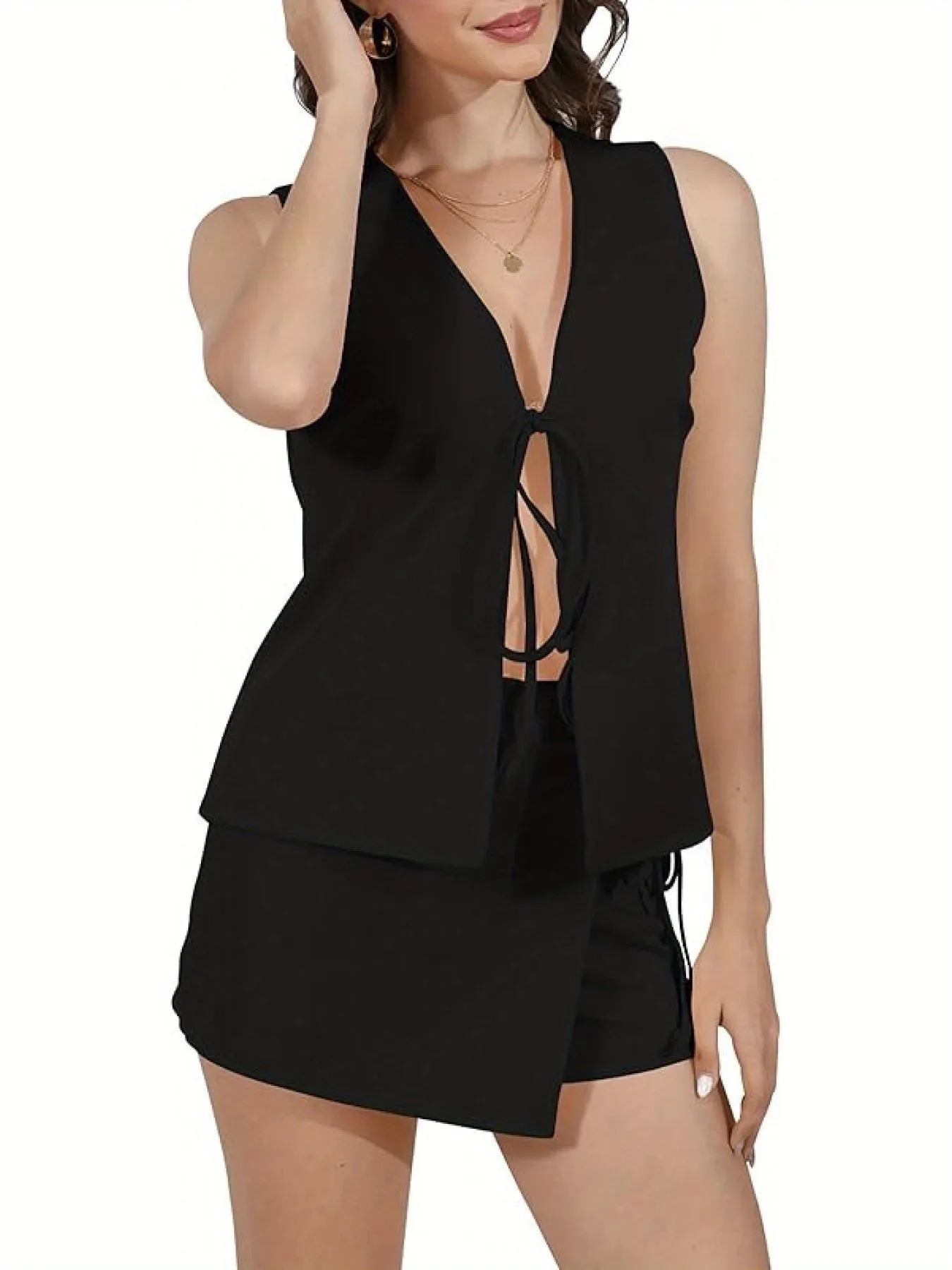 Summer Sleeveless Matching Lace-Up V-Neck Vest & Mini Skort