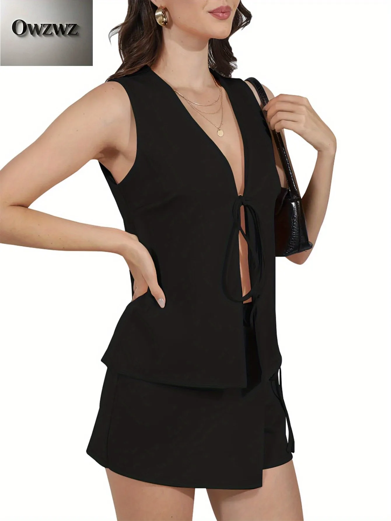 Summer Sleeveless Matching Lace-Up V-Neck Vest & Mini Skort