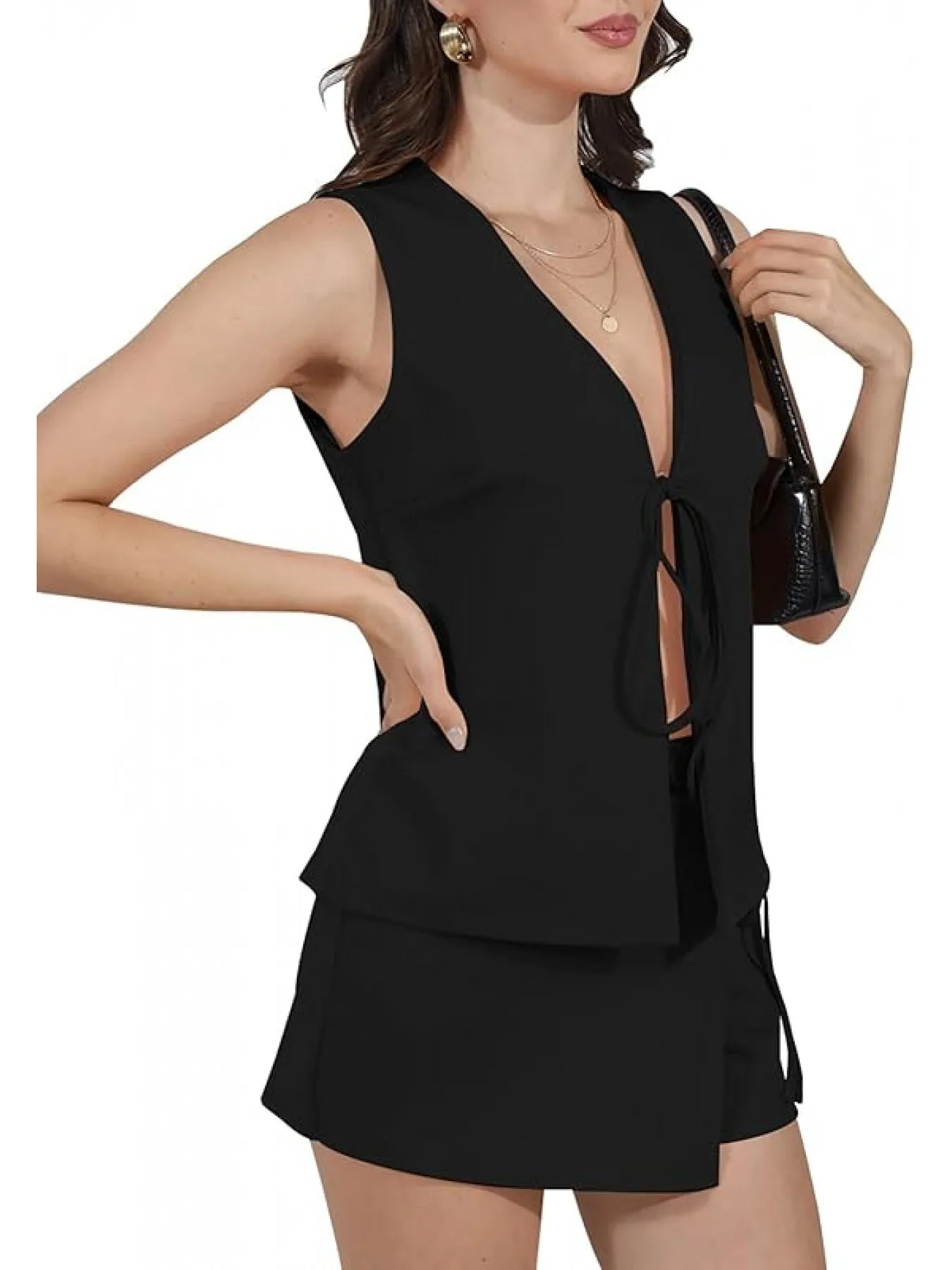 Summer Sleeveless Matching Lace-Up V-Neck Vest & Mini Skort