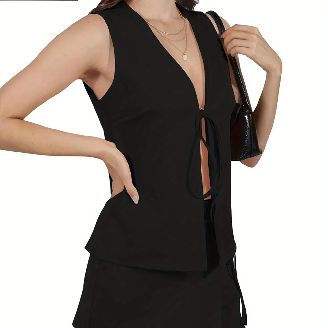 Summer Sleeveless Matching Lace-Up V-Neck Vest & Mini Skort
