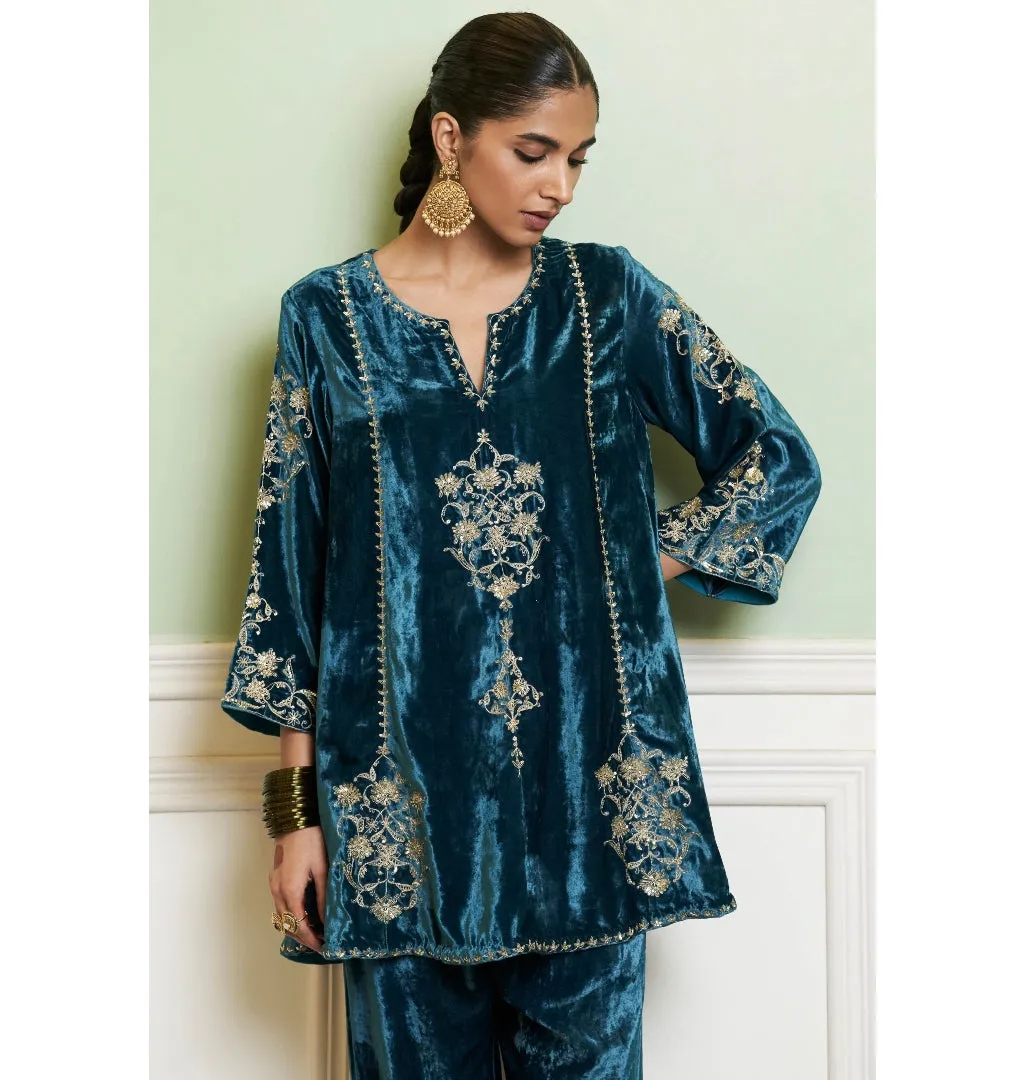 Teal Blue Embroidered Velvet Short Kalidar Kurta Set
