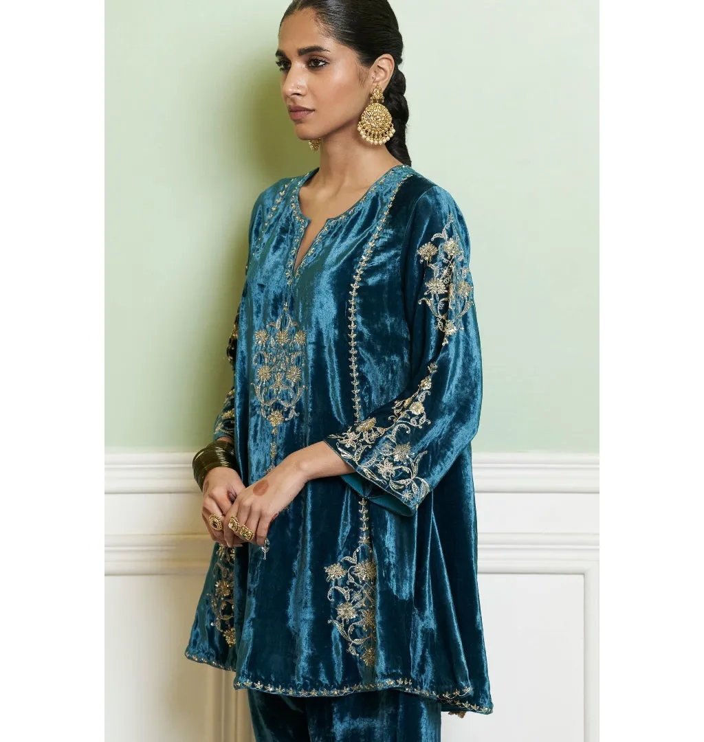 Teal Blue Embroidered Velvet Short Kalidar Kurta Set