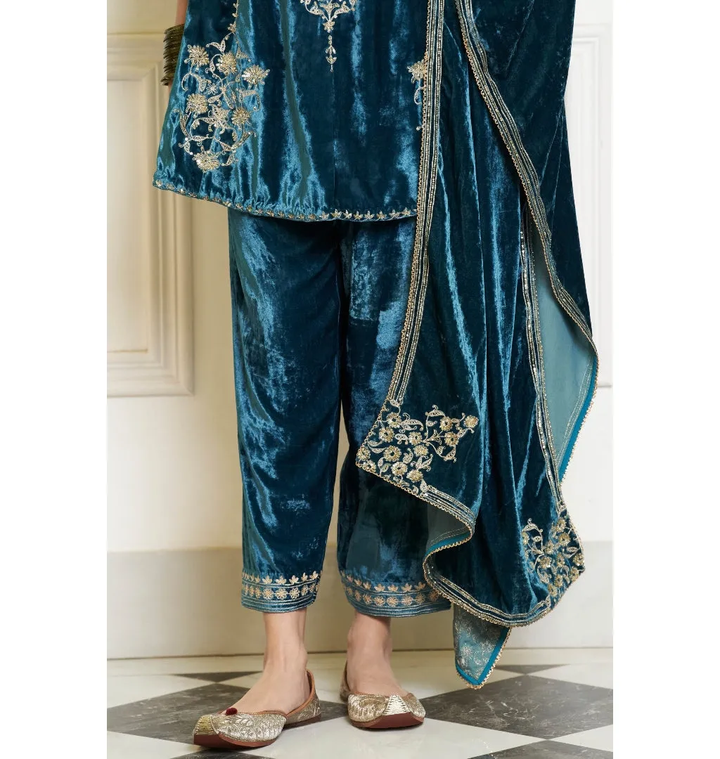 Teal Blue Embroidered Velvet Short Kalidar Kurta Set