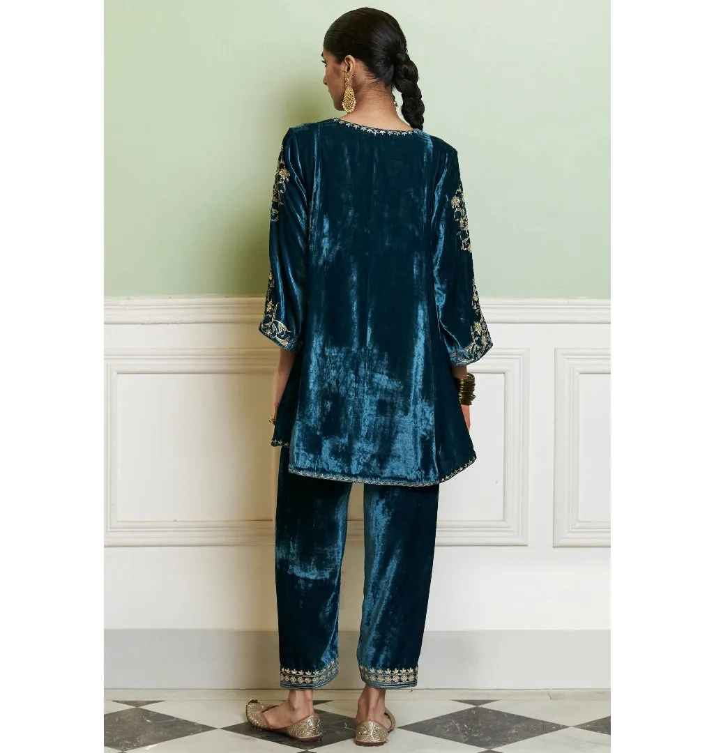 Teal Blue Embroidered Velvet Short Kalidar Kurta Set