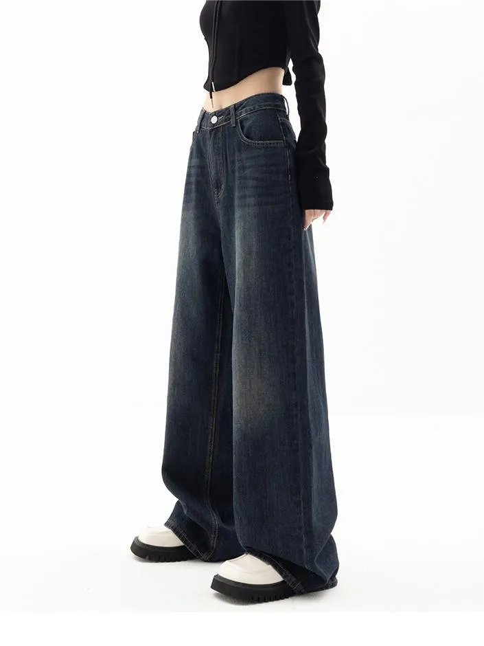 Wenkouban Dark blue 90s vintage baggy boyfriend jeans