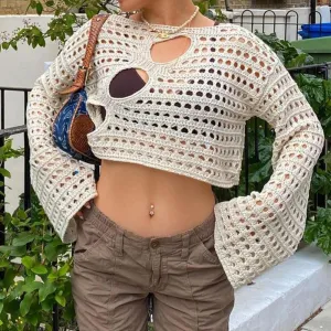 Wenkouban Hollow Out Cropped Knit Smock Top Vintage Loose Distressed Crochet Pullovers Casual  Chic Crop Cloth