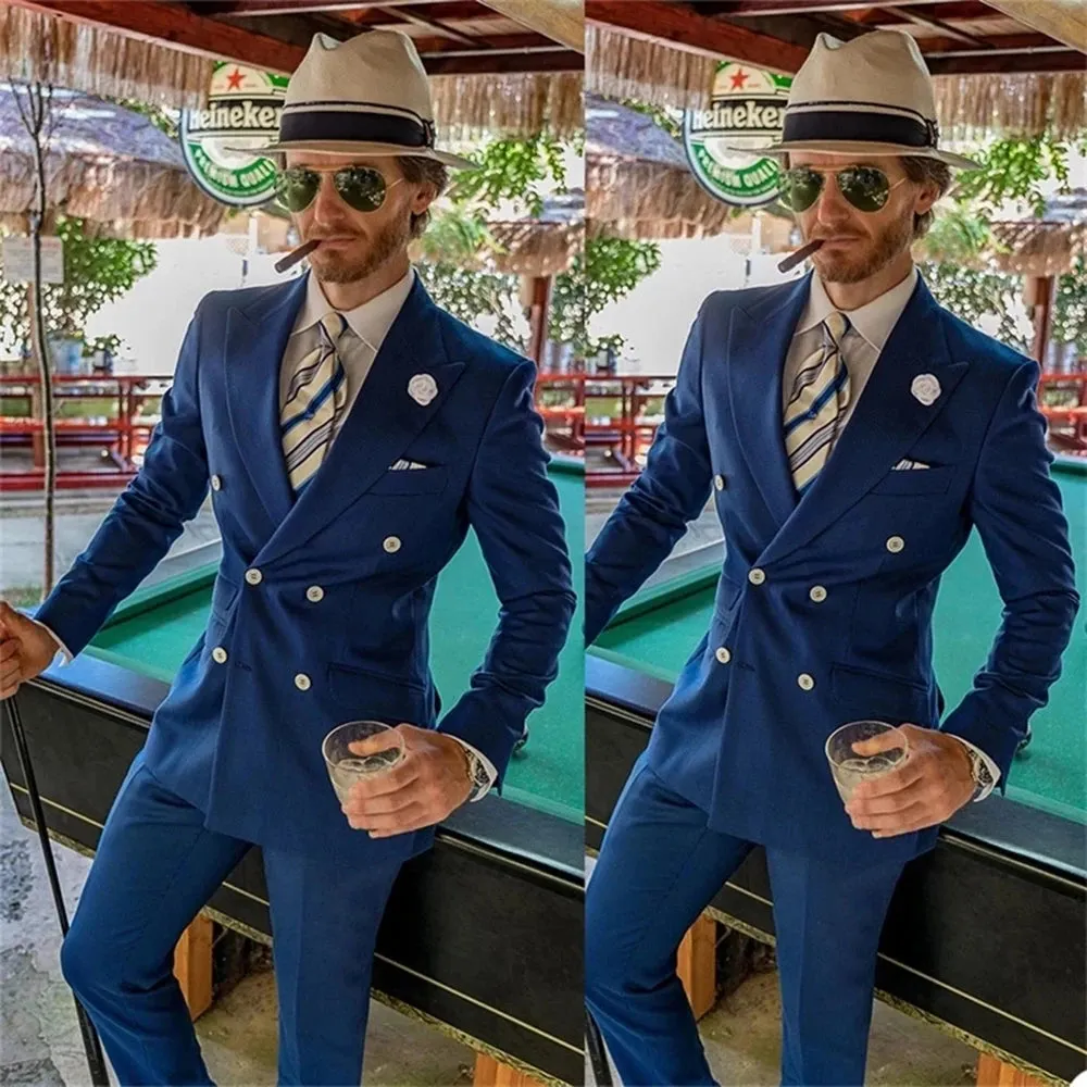 Wiaofellas  -  Costume Homme New Fashion Royal Blue Slim Fit Business Blazers Pants Two Pieces Tailor-Made Men Suits Formal