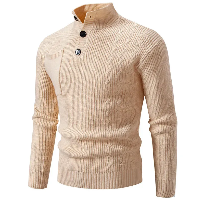 Wiaofellas  -  New Autumn Winter Fashion Stand Collar Knit Pullovers Men Solid Color Casual Knitted Sweater Mens Pockets Pullover Sweaters Man