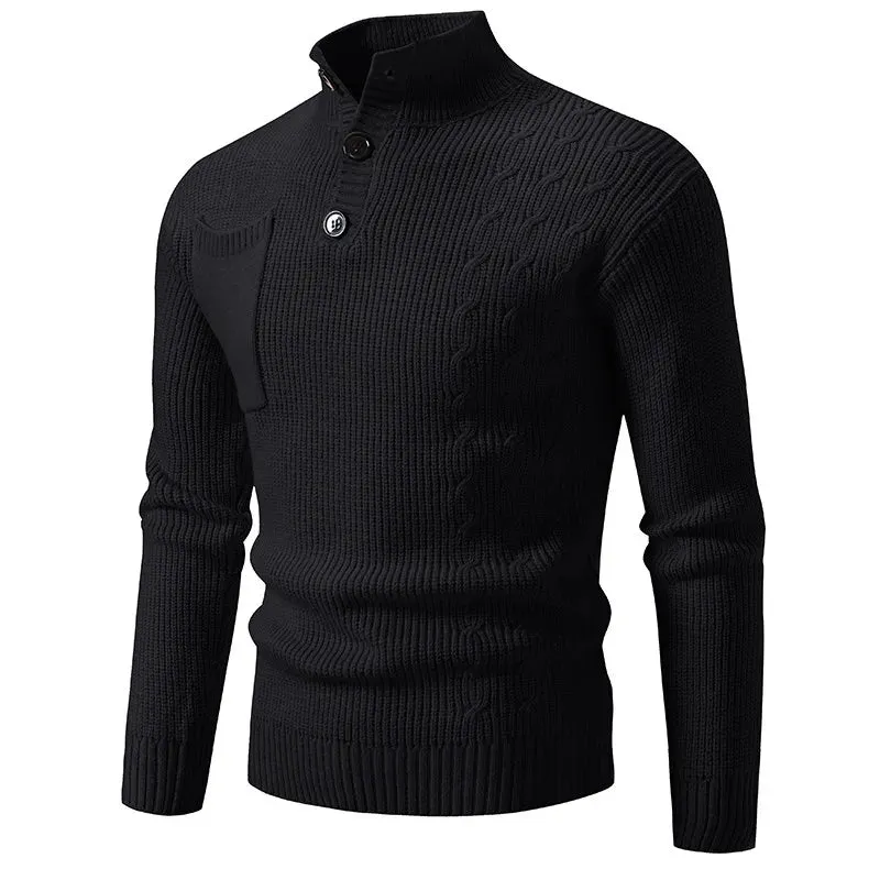 Wiaofellas  -  New Autumn Winter Fashion Stand Collar Knit Pullovers Men Solid Color Casual Knitted Sweater Mens Pockets Pullover Sweaters Man