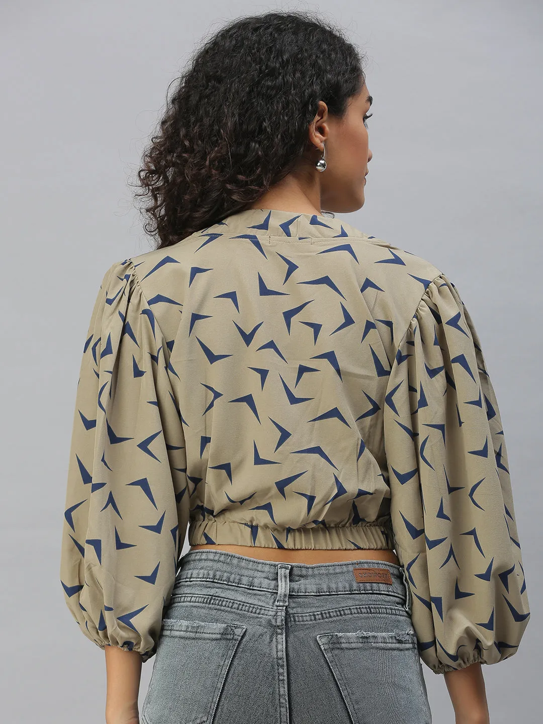 Women Beige Print Crepe Wrap Crop Top