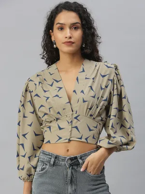 Women Beige Print Crepe Wrap Crop Top