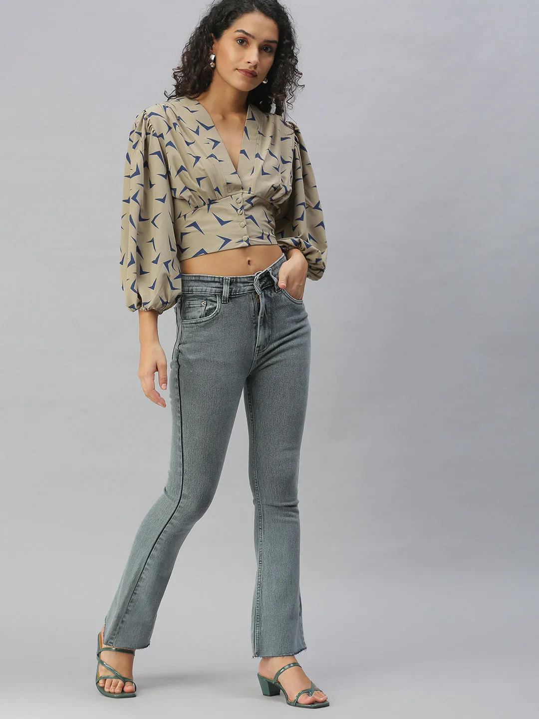 Women Beige Print Crepe Wrap Crop Top