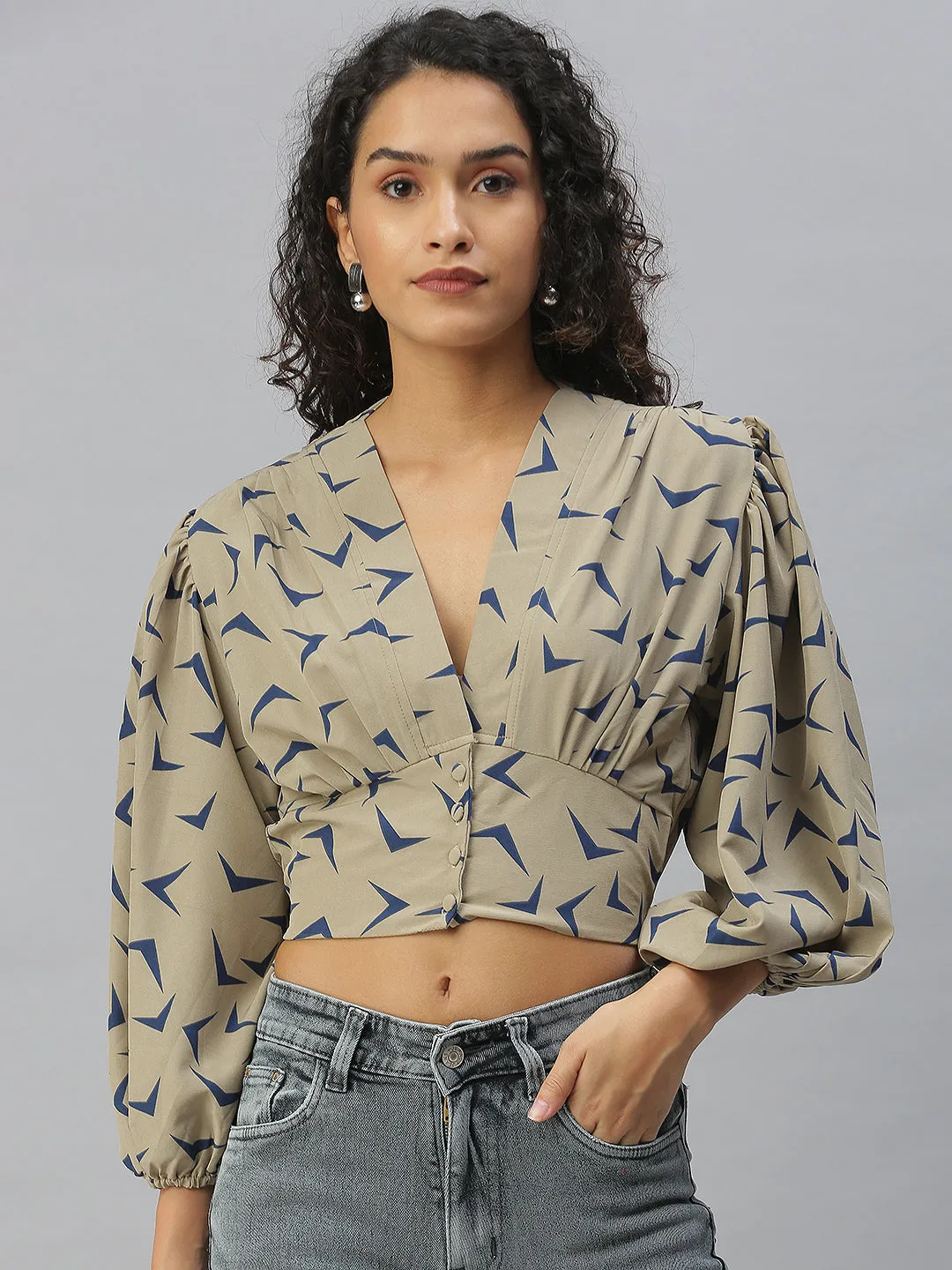 Women Beige Print Crepe Wrap Crop Top