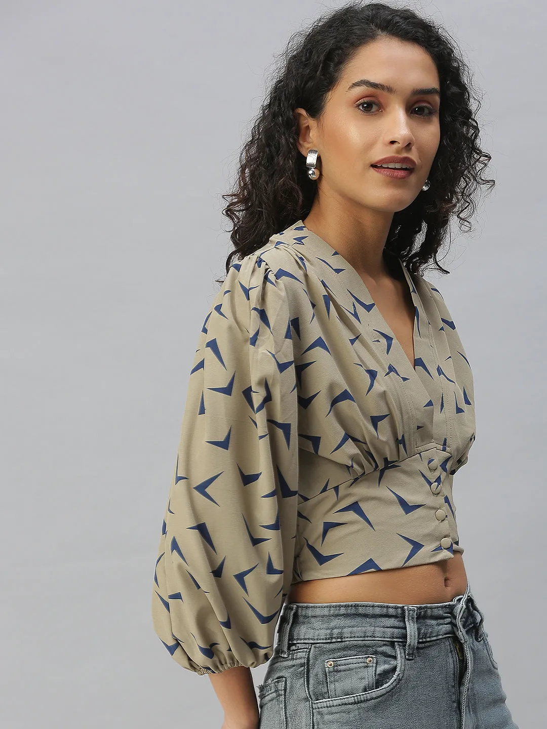 Women Beige Print Crepe Wrap Crop Top