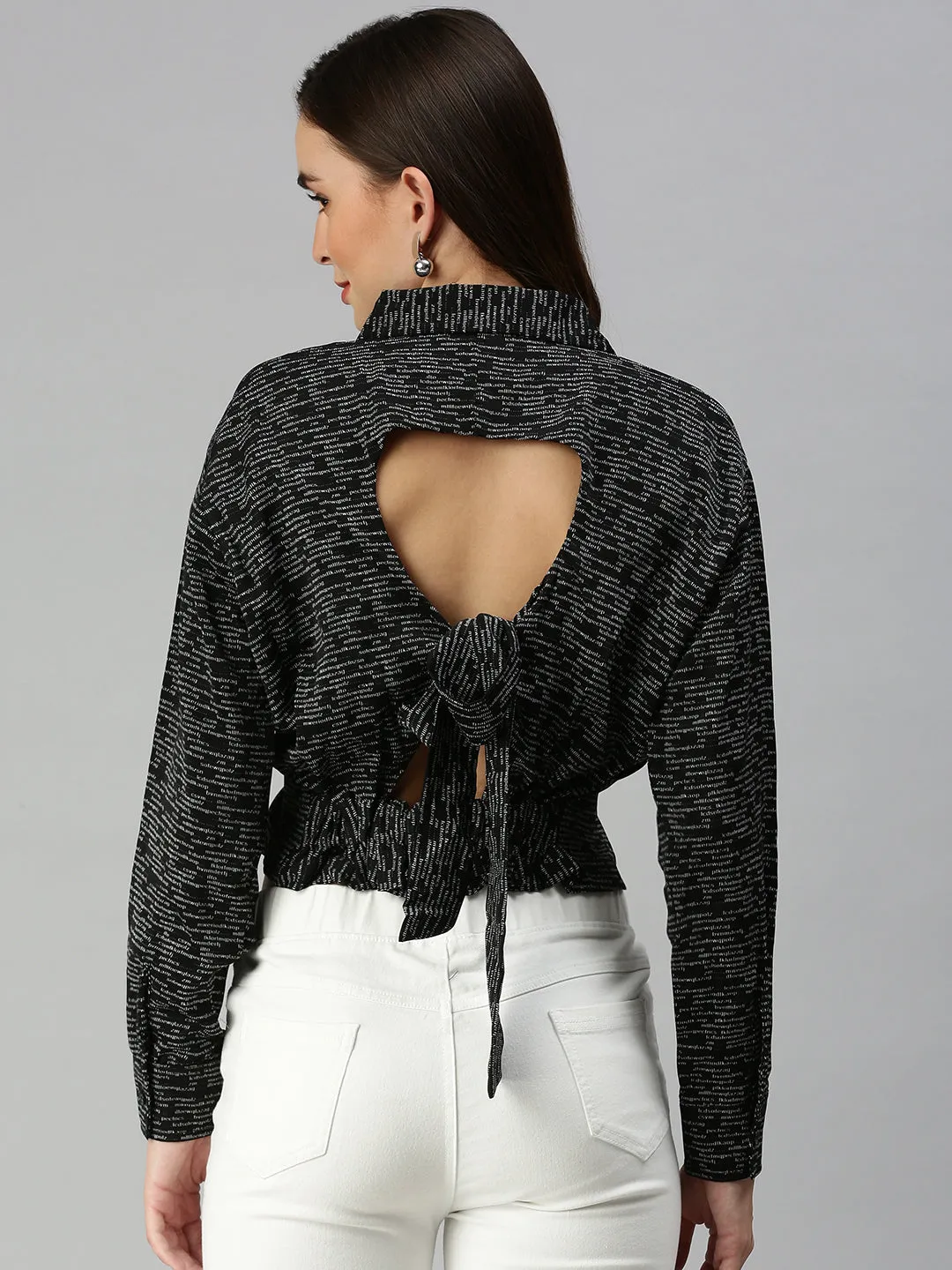 Women Black Print Styled Back Crop Top