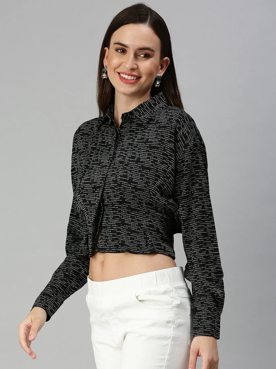 Women Black Print Styled Back Crop Top
