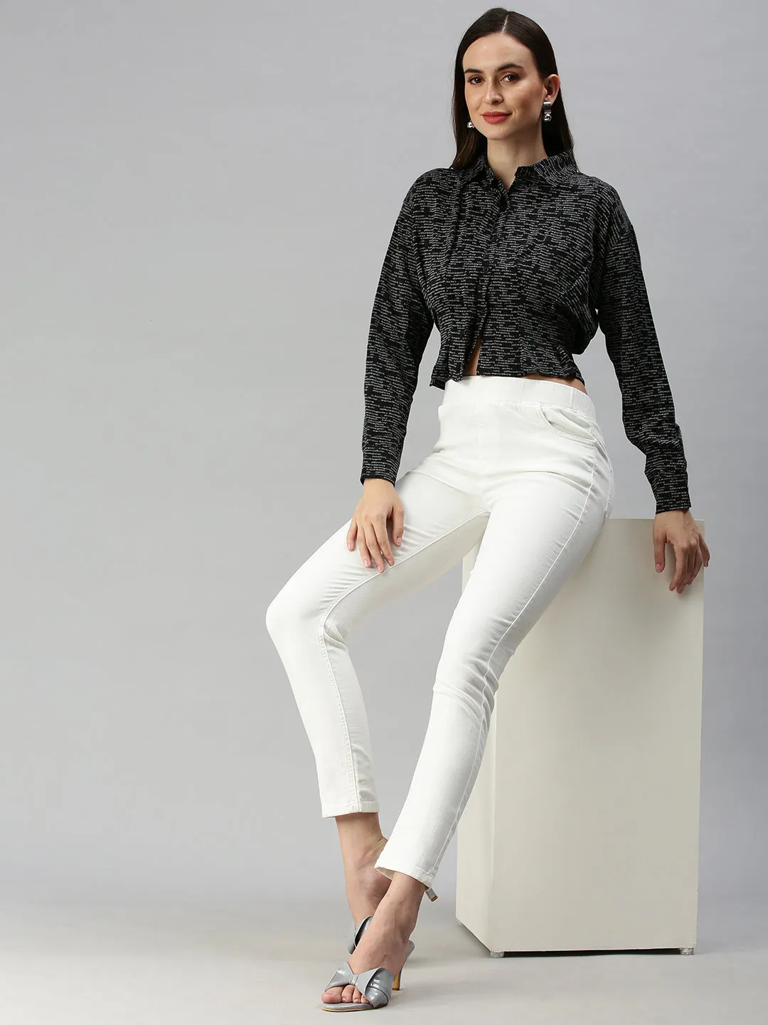 Women Black Print Styled Back Crop Top