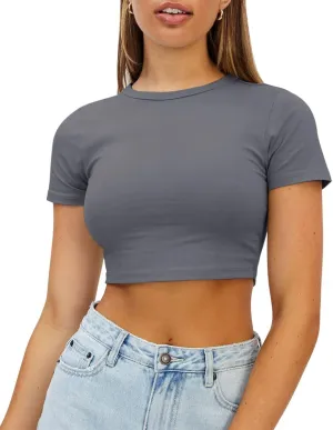 WYNNQUE Womens Crop Tops Cute Summer Scoop Neck Basic Tees Slim Fit Trendy Short Sleeve T Shirts for Teen Girls 2025
